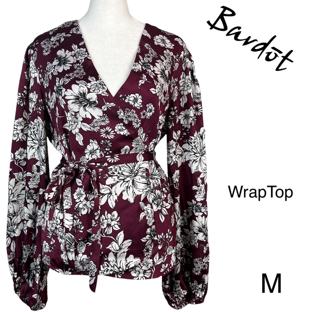 Bardot women's Wine Floral Wrap Top with Little Puff Shoulders size M